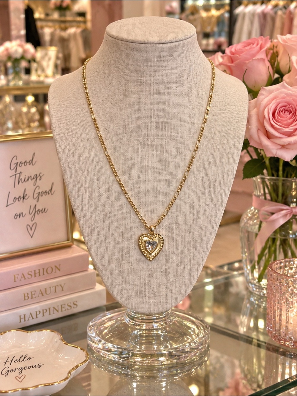 Gold Heart Pendant Necklace with Crystal Accent - Women's Jewelry